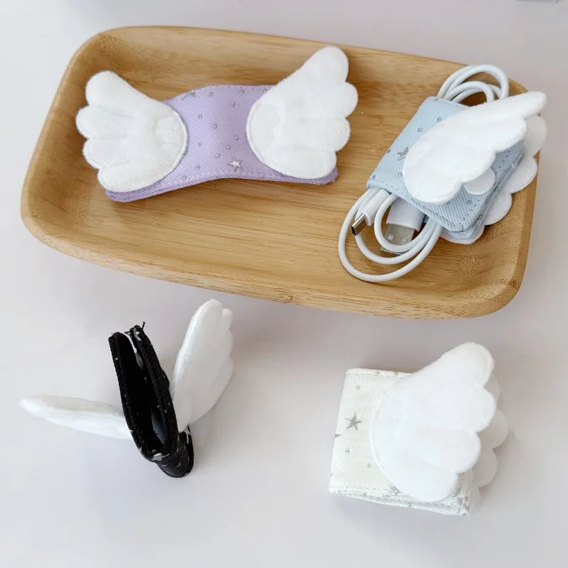 Sweet Angel Wings Foil Print Cable Organizer Handmade Fabric Cord Wrapper Brush Holder Cute Cable Winder for Chargers Cables