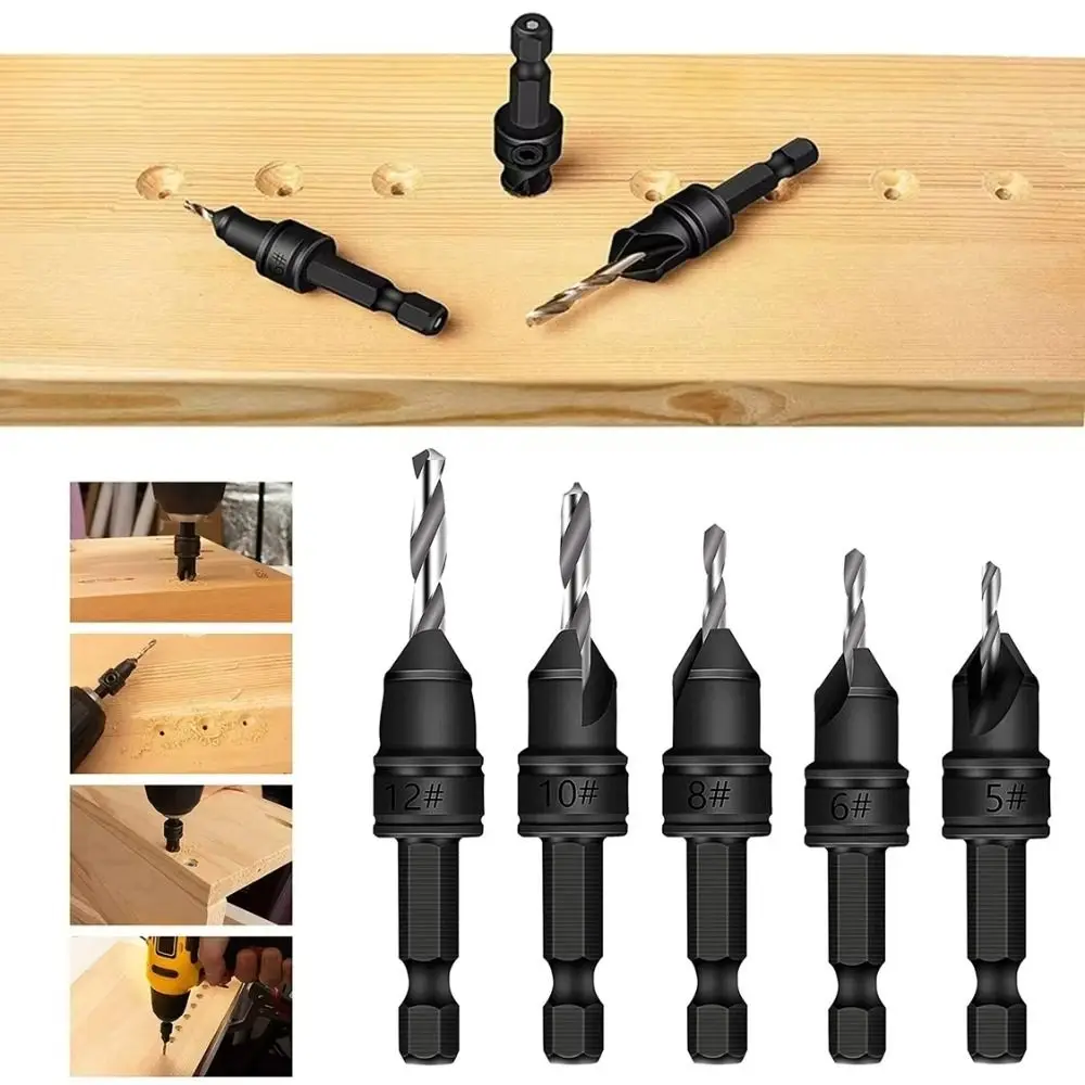 Cone Hardware Tool Countersink Drill Bit Set with 5 Replaceable Drill Bits Drilling Pilot Holes Hole Opener Set Practical