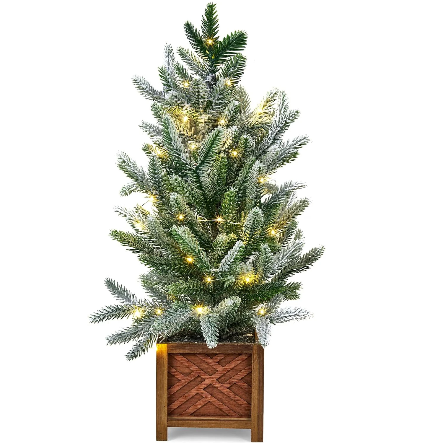 

2Ft Prelit Tabletop Mini Christmas Tree,Artificial Small Xmas Tree,Potted Snow Flocked Pine Tree with 30 LED Lights