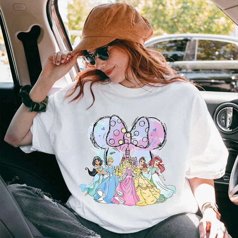 

Disney Princess Minnie Mouse Printed Women's T-Shirt 100% Cotton Short-Sleeved Casual Top Cute Cartoon Clothing