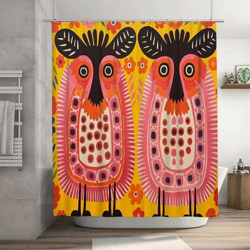 

Modern Boho Animal Print Shower Curtain with Flowers Bathroom Decor for Home Decoration (Fuchsia & Yellow) Size 180x240 cm