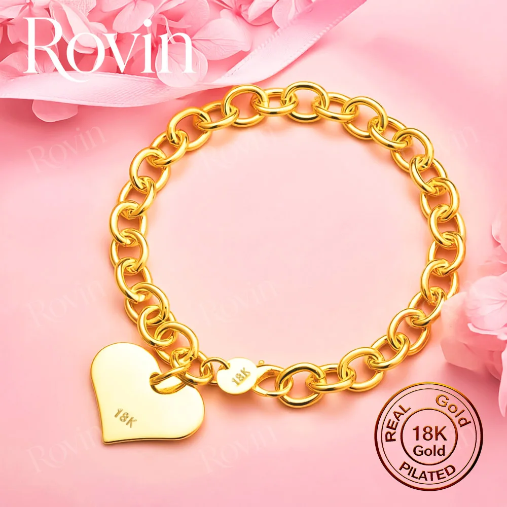 18K Gold 8-Inch Exquisite Polished Heart-Tag Bracelet for Women – Stylish Jewelry Gift for Weddings and Parties