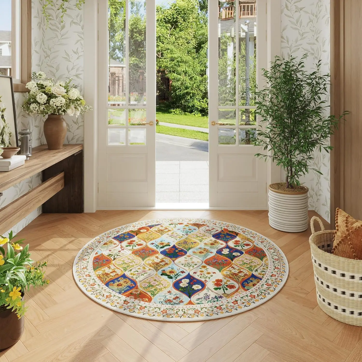 Geometric Floral Round Rug – Soft Low-Pile Non-Slip Carpet for Bedroom, Living Room & More