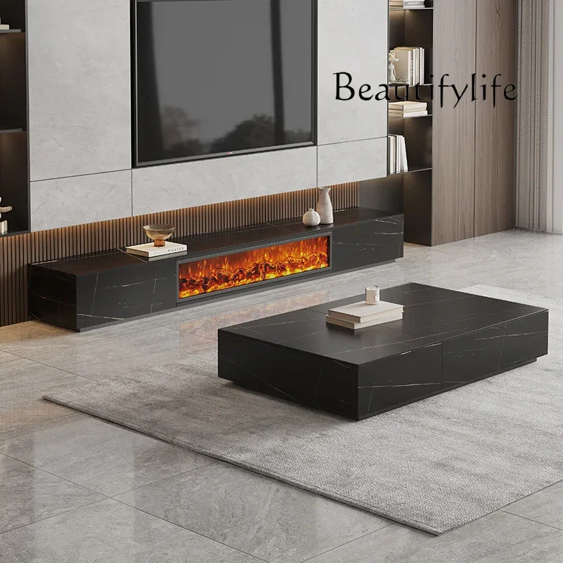 Italian Minimalist Simulation Flame TV Cabinet Electronic Fireplace Full Rock Board Solid Wood TV Cabinet