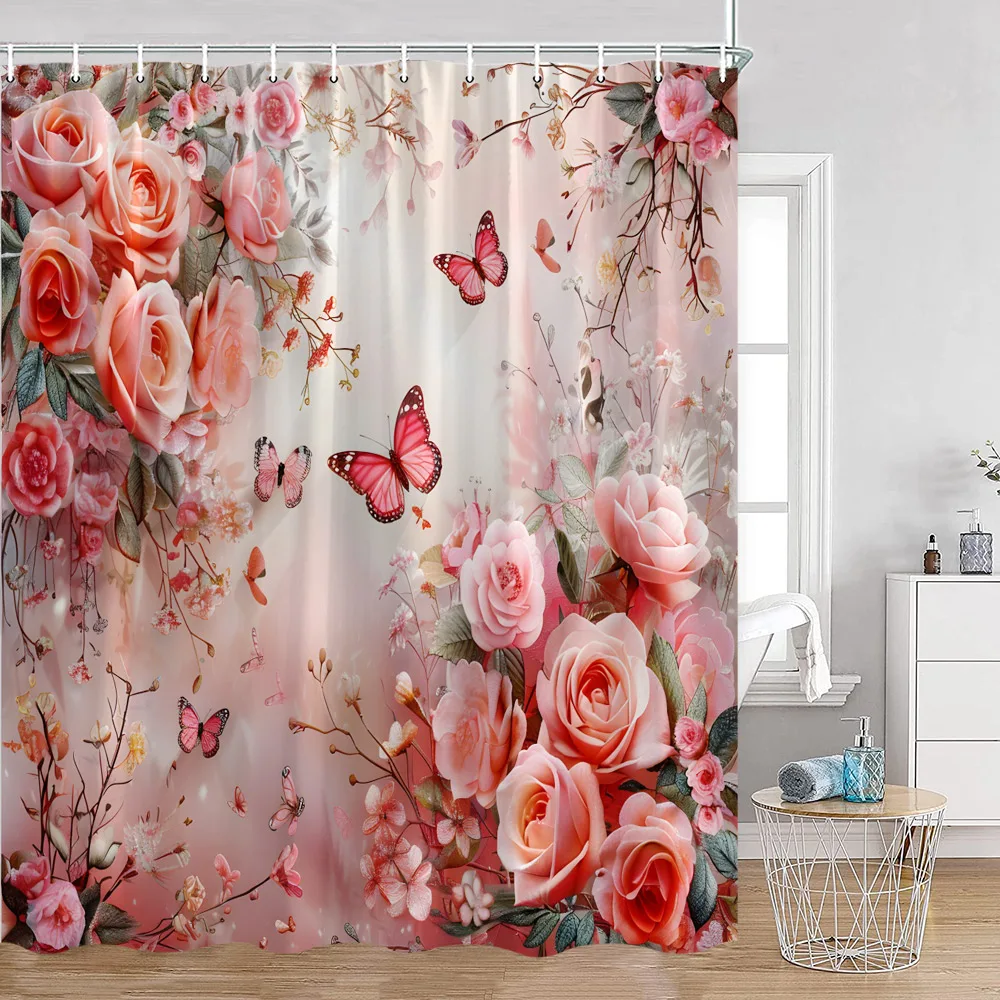 Red Roses Floral Shower Curtain Romantic Flower Plant Love Romance Bath Curtain Polyester Modern Bathroom Decoration with Hook