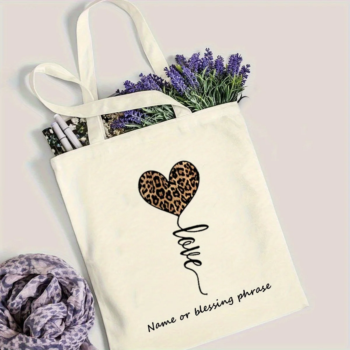 Customizable Leopard Print Heart Canvas Tote Bag, 'Love' Design, Personalized Gift for Her, Reusable Bag