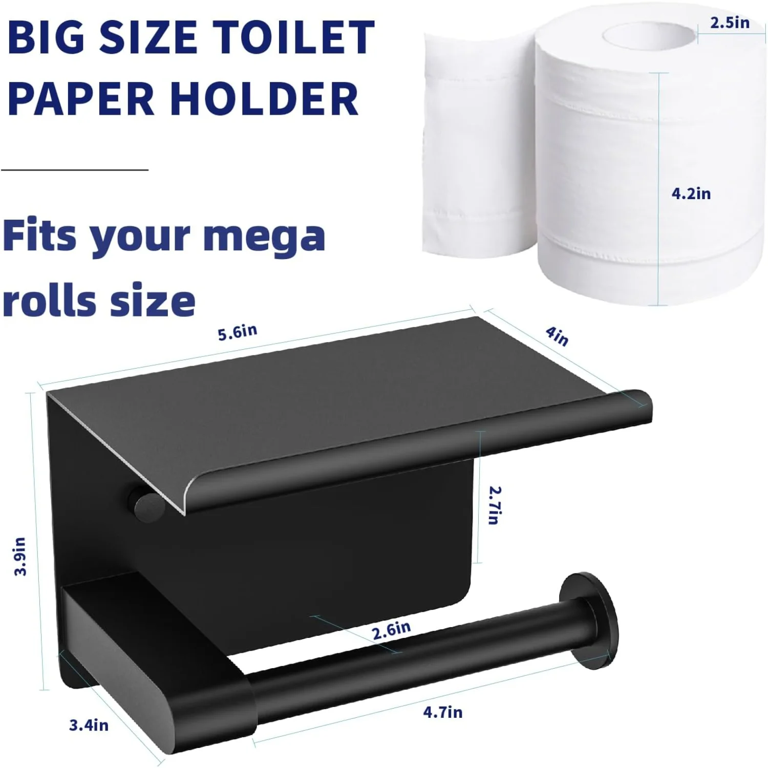 Toilet Paper Holder Wall , Fits Mega Rolls Size Matte Black Toilet Paper Holder with Shelf, Rustproof Stainless Steel Self Adhes