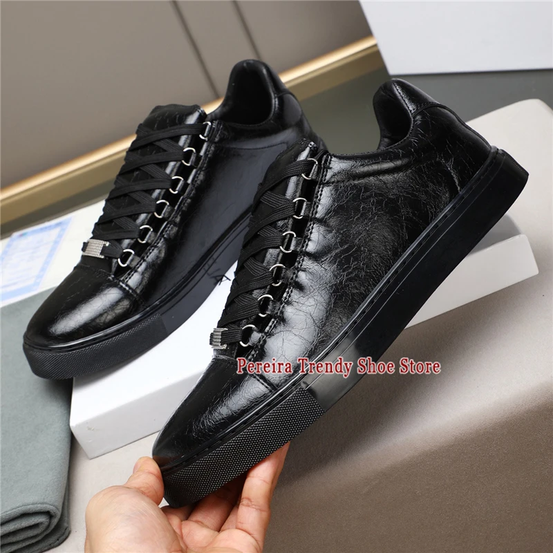 

Summer New Men's Cowhide Thick Soled Board Shoes Trend Versatile Pleated Leather Lace-Up Sneakers Comfortable Flat Casual Shoes