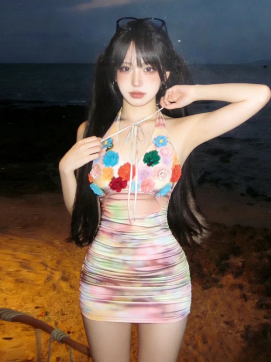 Sexy Sweet-and-Spicy Girl Pure Desire Floral Tie-Dye Bodycon  Skirt Backless Sleeveless Dress V-neck H-shaped Silhouette