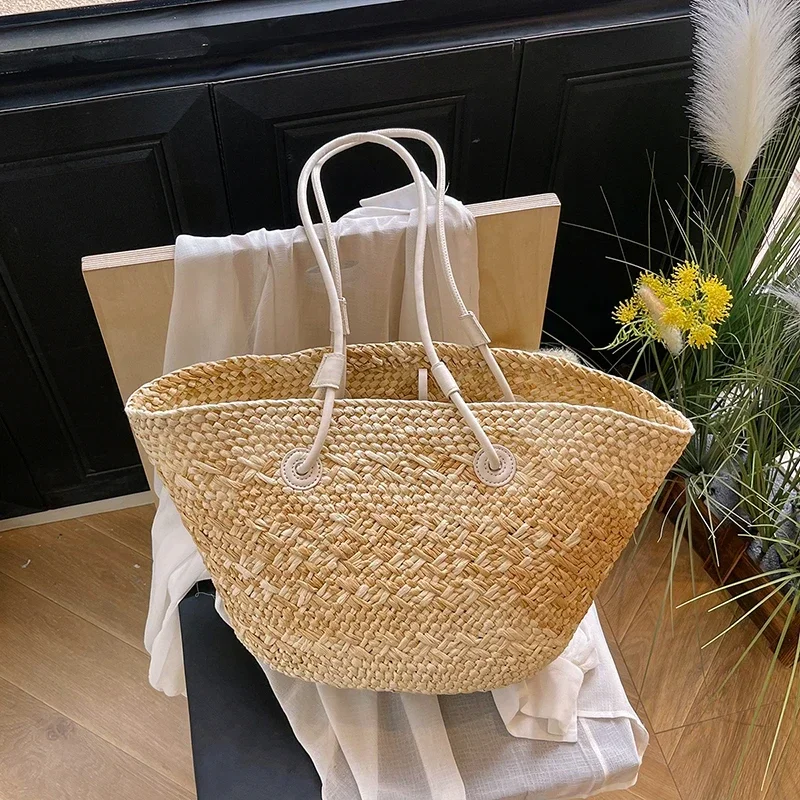 Summer Seaside Beach Bag Hand-woven Large Capacity Straw Tote Bag Gradient Color Design Women 's Travel  Vacation Shoulder Bag