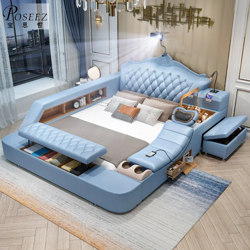 

Multifonction Cute Modern Double Bed Queen Size Bedroom King Europen Bed Faux Leather Smart Cama Matrimonial Bedroom Furniture