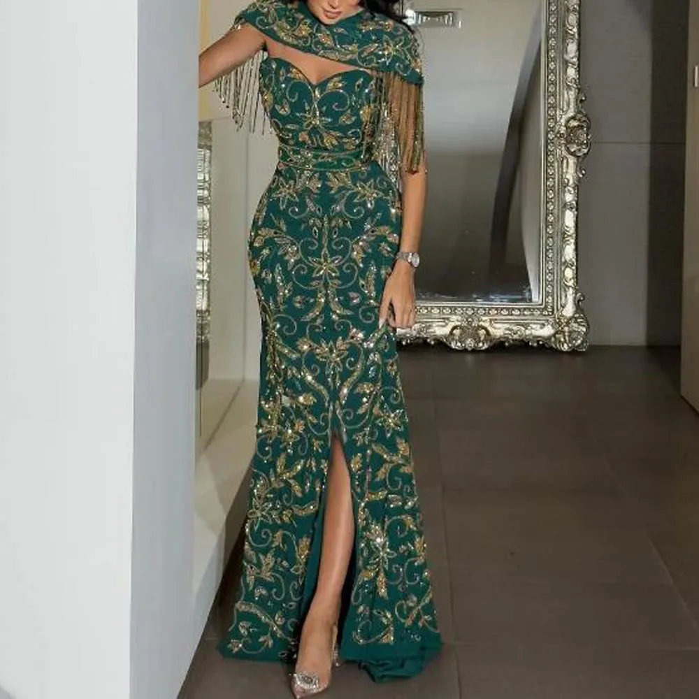 

Customized Sequin Embellished Evening Dresses with Cape Sweetheart Beading Tassel Formal Occasion Dress with Front Split