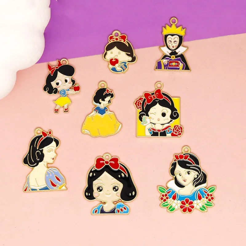 

8/10PCS Cartoon Snow White DIY Accessories Anime Alloy Drip Oil Bracelet Key Chain Pendant Necklace Hanging Ornament