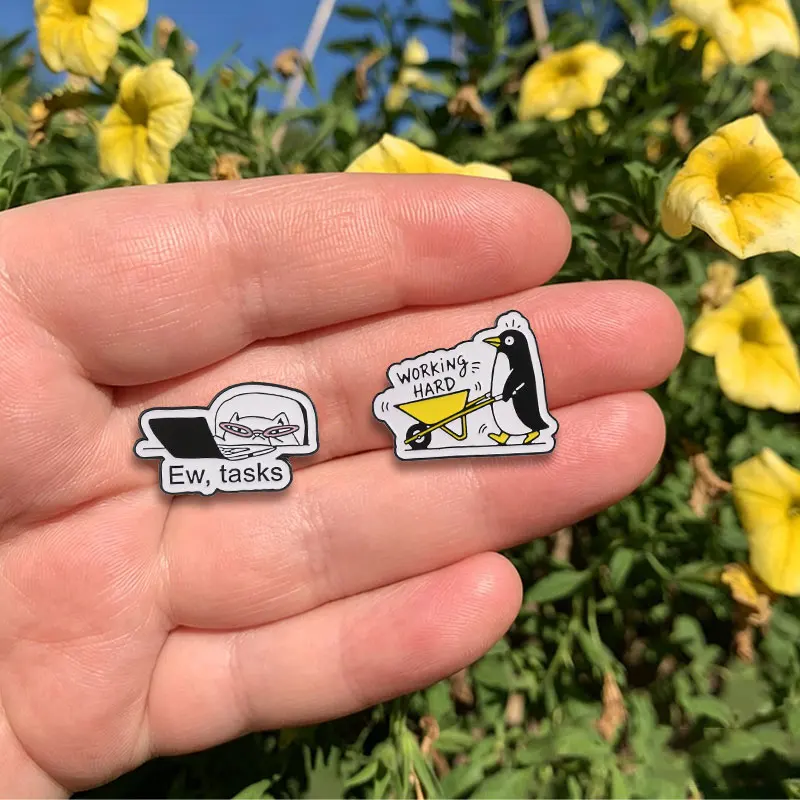Funny Office Work Meme Badges Cartoon Cat Penguin Enamel Pin Task Kitten Brooch Kawaii Animal Accessories Gift for Coworker