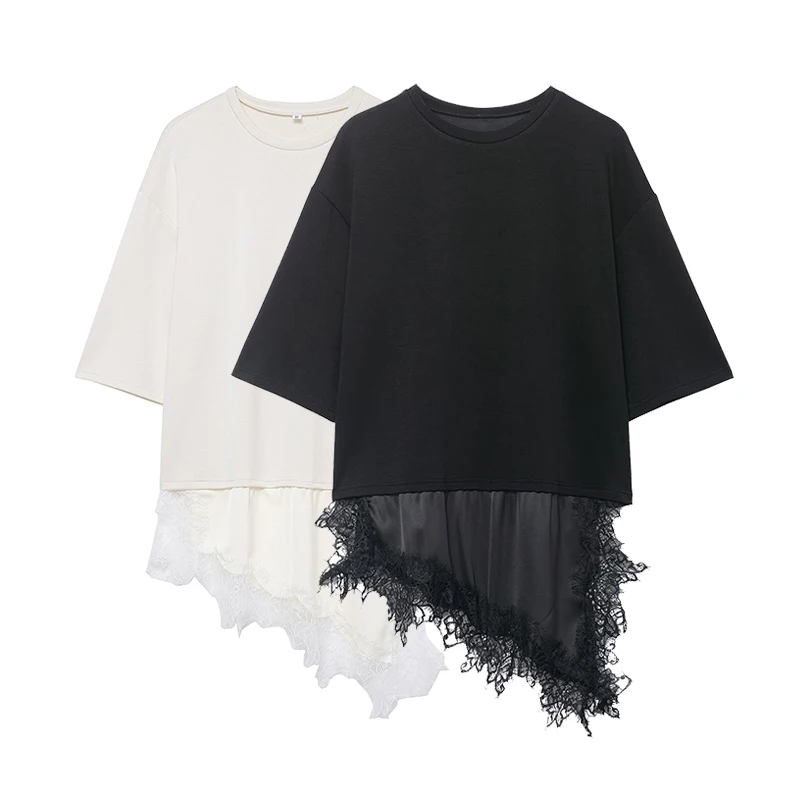 

Willshela Women Fashion Solid Lace Patchwork Asymmetrical Shirt Vintage O-Neck Half Sleeves Female Chic Lady Blouse