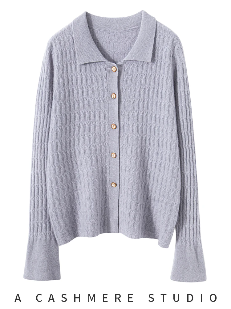 New Knitted Autumn Winter Women Cardigan Pure Cashmere Polo Collar Flare Sleeve Twist Flower Thick Cashmere Sweater Female Cloth