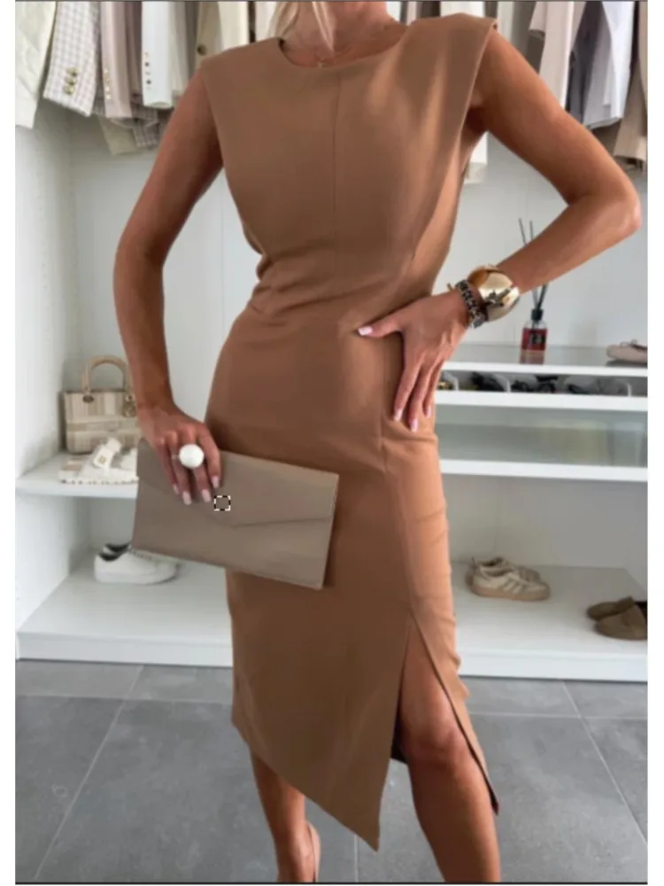 Nuovo abito casual comodo da pendolarismo semplice Abito slim tinta unita diviso senza maniche con scollo tondo elegante e alla moda da donna