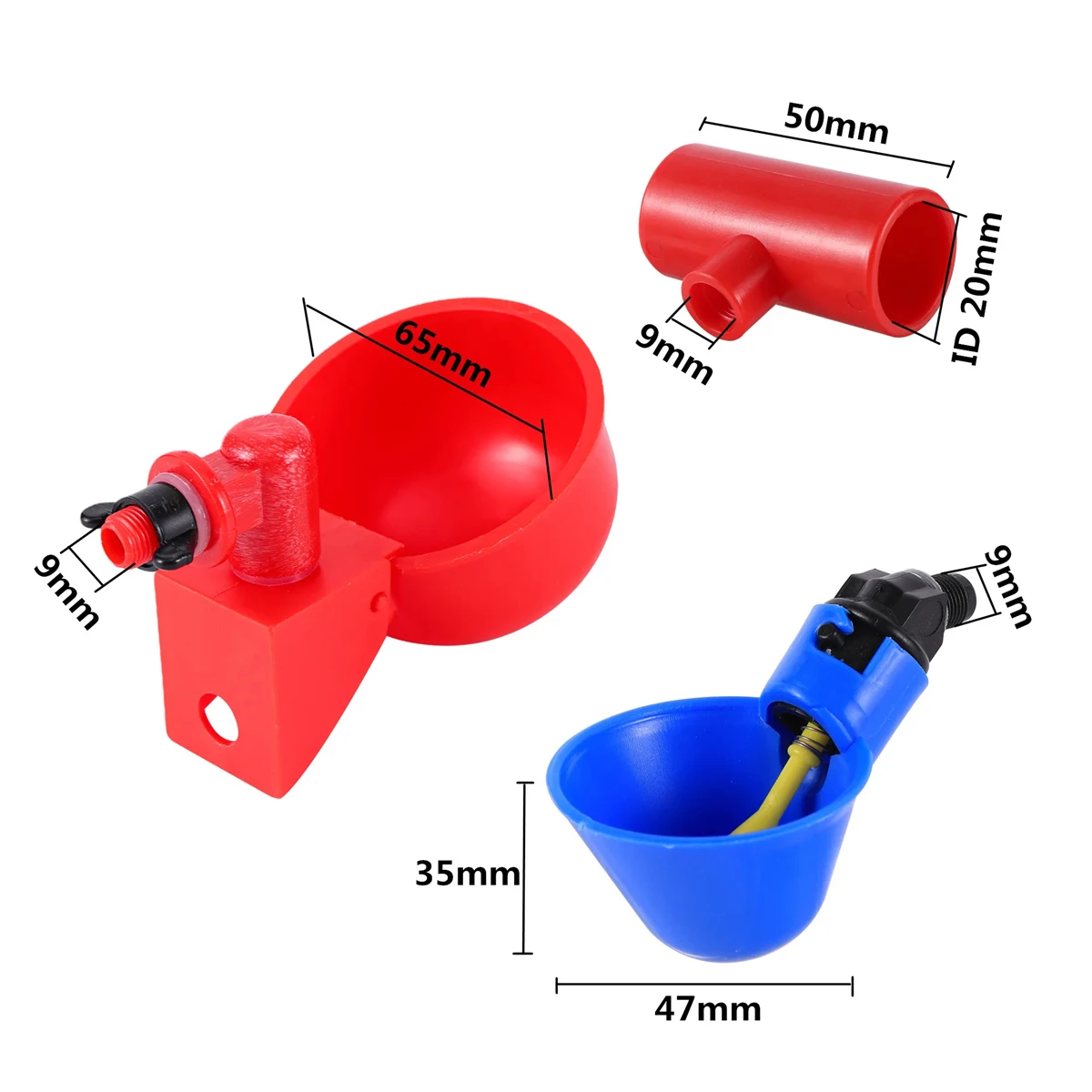 9mm Thread Interface Automatic Poultry Drinking Cup with Screw and ID20mm Red Tee Kit Chicken Duck Quail Pigeon Water Bowl 2Pcs