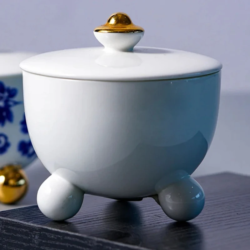 Elegant Blue Three-legged Ceramic Bowl with Lid - Versatile Dining Set for Soup, Dessert, Dinner Plates, and Fruit/Salad