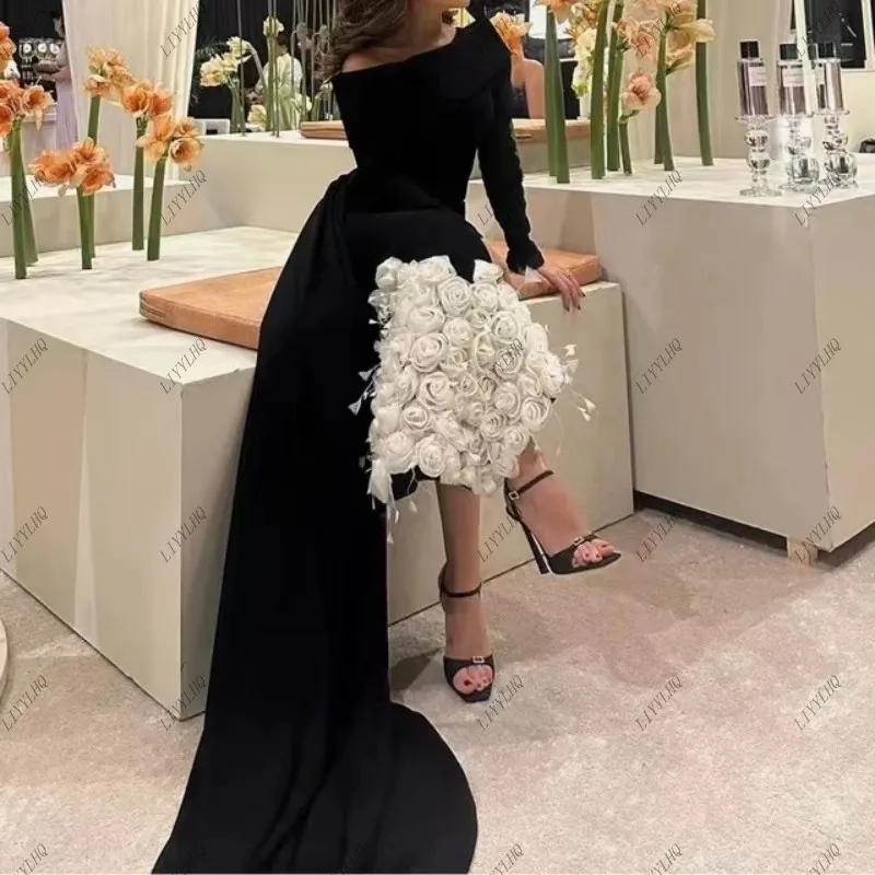 LIYYLHQ Arab Dubai White And Black Prom Dresses Ankle-Length Handmade Flowers Evening Dresses Formal Party Dress For Women