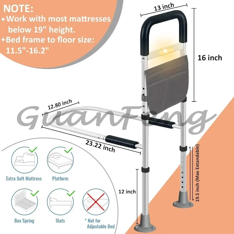 Elderly Bed Assist Rail Height Adjustable Side Grab Bar Storage Pocket Sensor LED Light Non‑Slip Handles 330 Lbs Load‑Bearing