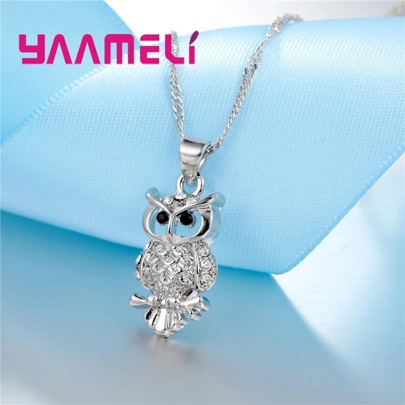 Shining Full African AAA Crystal Owl Pendant Necklace Earrings Sets Women Best Gifts 925 Sterling Silver Party Accessory