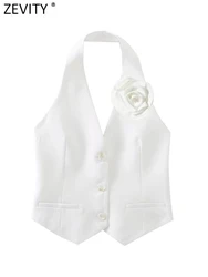 Zevity Women Fashion Single Breasted Flower Design White Halter Vest Jacket Office Ladies Sleeveless Crop WaistCoat Tops CT4438