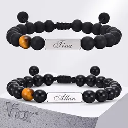 Vnox Free Personalized Name Bar(Front) Bracelets for Men Dad, Black Stones Tiger Eye Beaded Bracelets, Adjustable Classic Gift