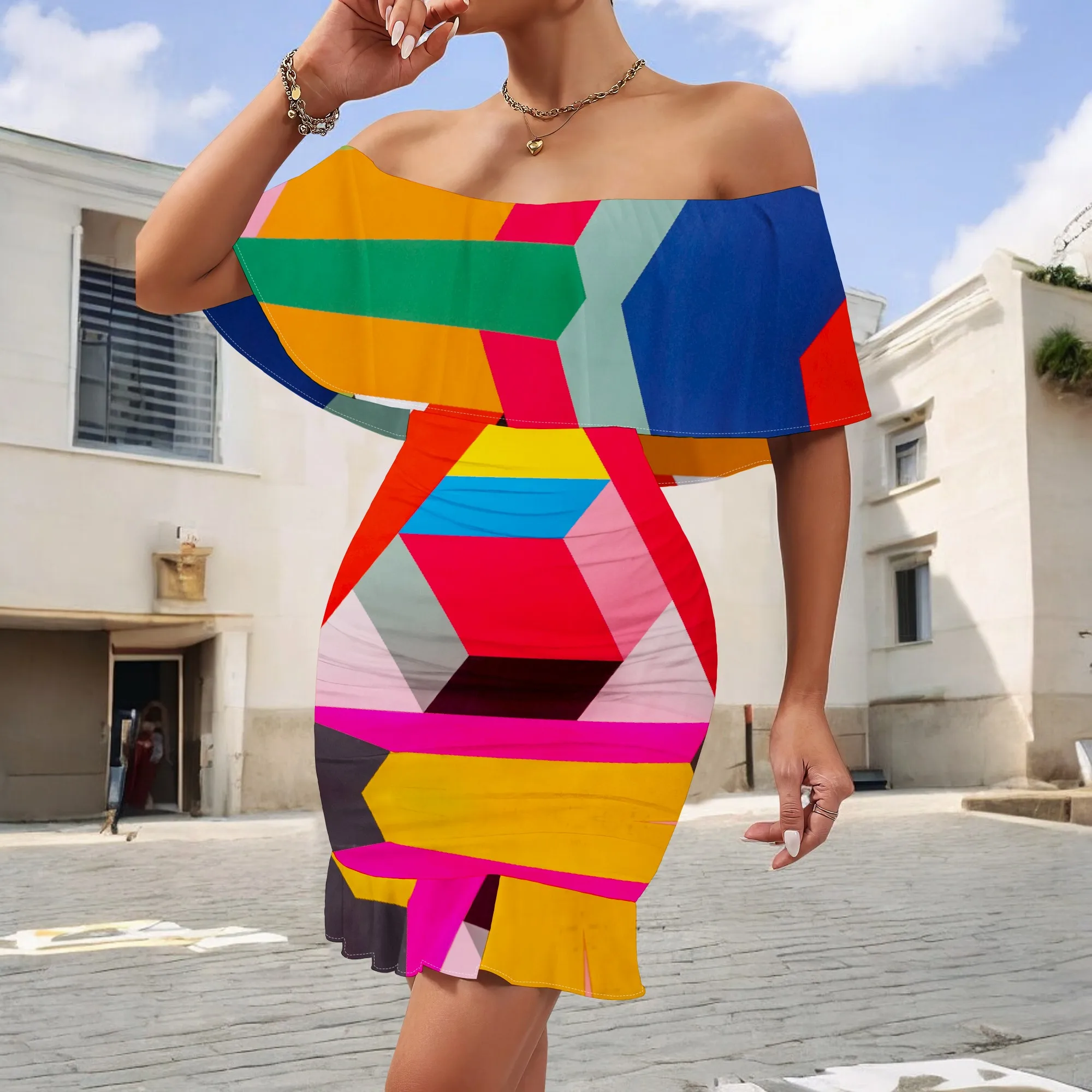 

Bold Geometric Off-Shoulder Dress - S-3XL | Vibrant for Summer Festivals, Beach Parties & Music Events