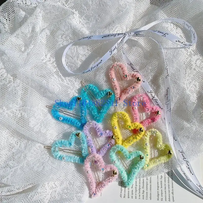 5asd Girls Hair Clip Candy Color Plush Heart Hairpin Plush Hair Clip with Faux Pearl Decors Hairpins for Teenagers