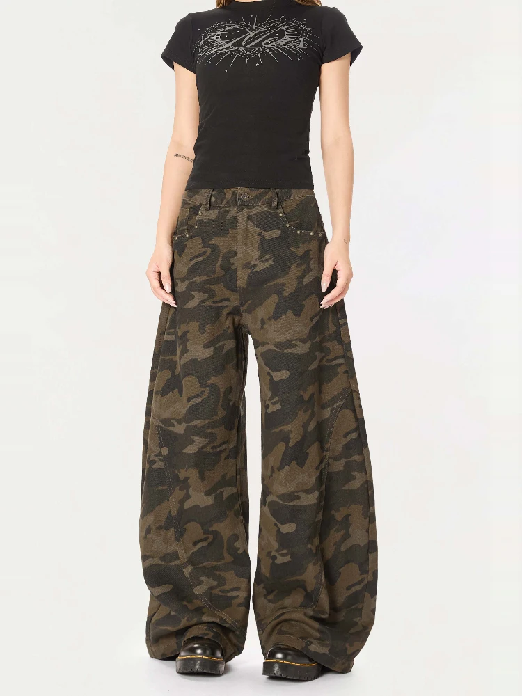 HIDES Pantaloni mimetici retrò americani Hiphop Sciolto drappeggio dritto Casual Coltello a gamba larga Alla moda Vita alta Lungo cotone Wo...