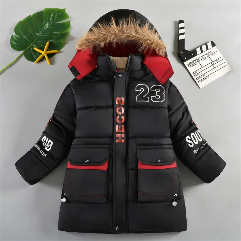 

Boys Winter Padded Thickened Jackets Children Casual Cotton Down Coats Big Kids Fur Collar Trend Parkas Teen Hooded Clothing