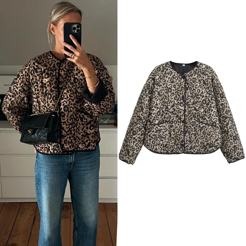 HXAO Leopard Padded Jacket Women's Jackets Crop Long Sleeve Coats O-Neck Loose Quilted Jacket Warmth Lightweight Padded Jackets