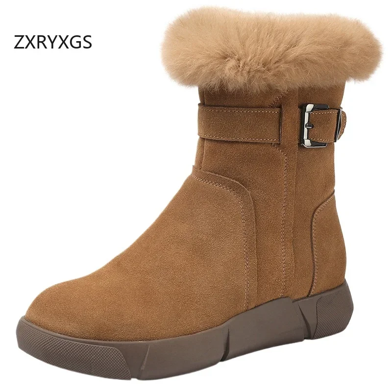 

ZXRYXGS Frosted Cowhide Warm Snow Boots for Women 2025 Rabbit Hair Decoration Winter Fashionable Boots Flat Anti Slip Large Size