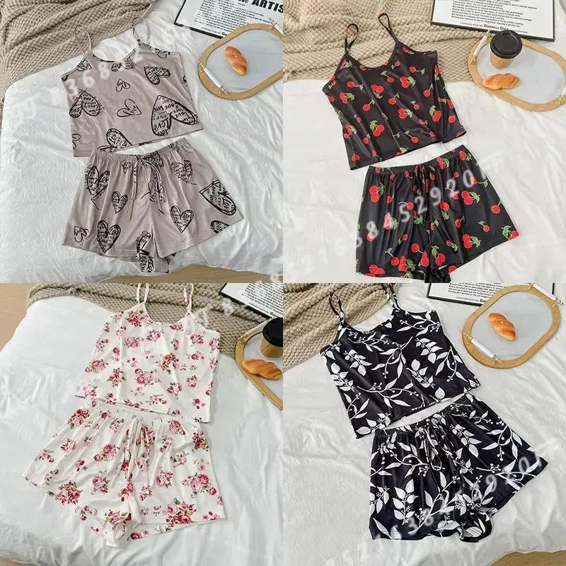 Women Sexy Satin Pajama Set Print Round Neck Ice Silk Top T Shirt and Shorts Breathable Comfortable Home Wear New 4