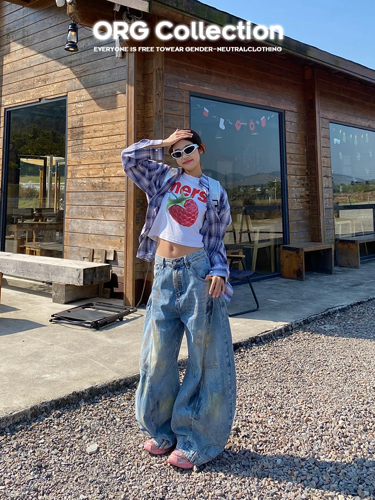 

Женские окрашенные широкие джинсы Heavy Du, новинка весны 2025 года, свободные американские брюки длиной до пола, повседневные свободные брюки