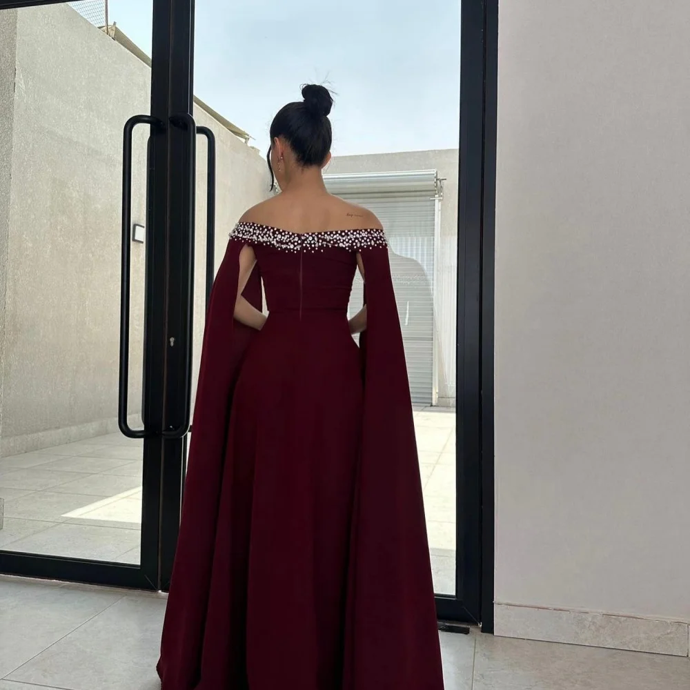 Bella personalizado perlas rojas chal sin tirantes robes de soirée gasa A-line vestidos de fiesta hasta el suelo vestido de fiesta sin mangas 2024