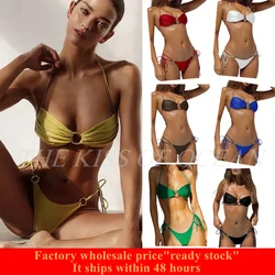 2025 Sexy Solid Bathing Suit for Women Halter Ring Linked Tie Side Bikini Sets Two Piece Swimsuit With Ring Bra