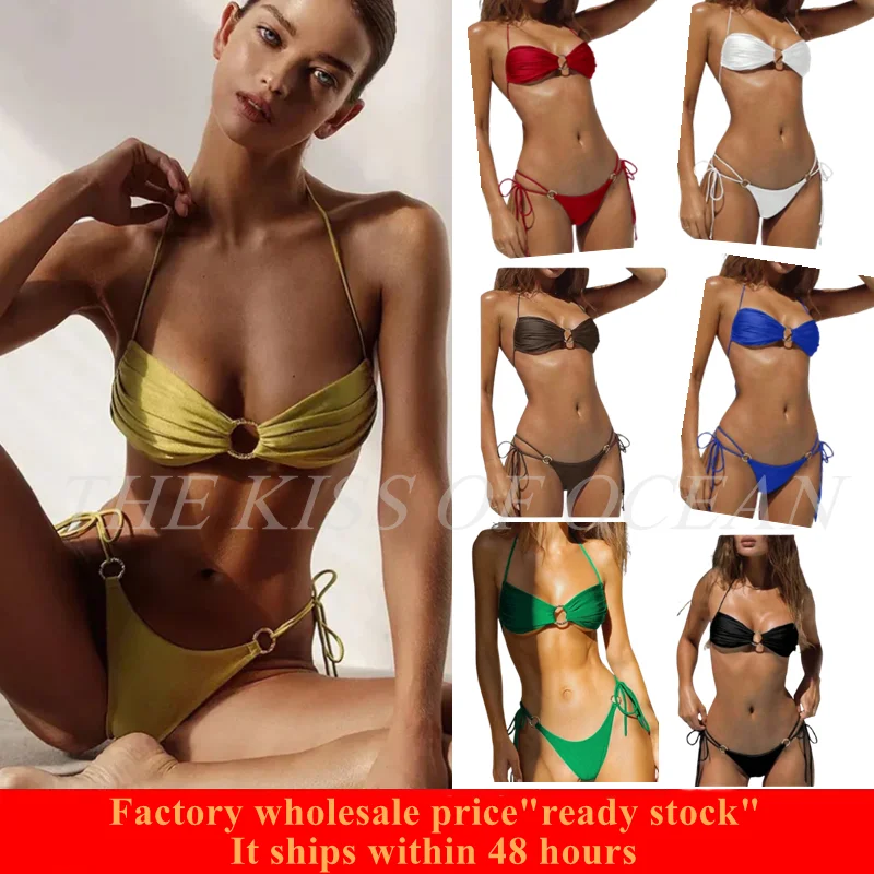 2025 Sexy Solid Bathing Suit for Women Halter Ring Linked Tie Side Bikini Sets Two Piece Swimsuit With Ring Bra
