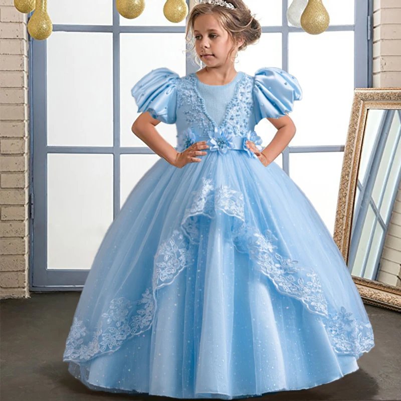 Elegant Girl\'s Birthday Party Dress for 4-12 Years Old Halloween Princess Dress New Bubble Sleeves Girl\'s Fluffy Dress