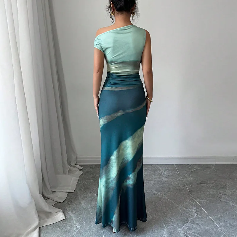 vintage tie-dye Sleeveless Suspender Dress Summer Female Beach Party tank Dress Women Fashion Slanted shoulder Slim Maxi Dresses