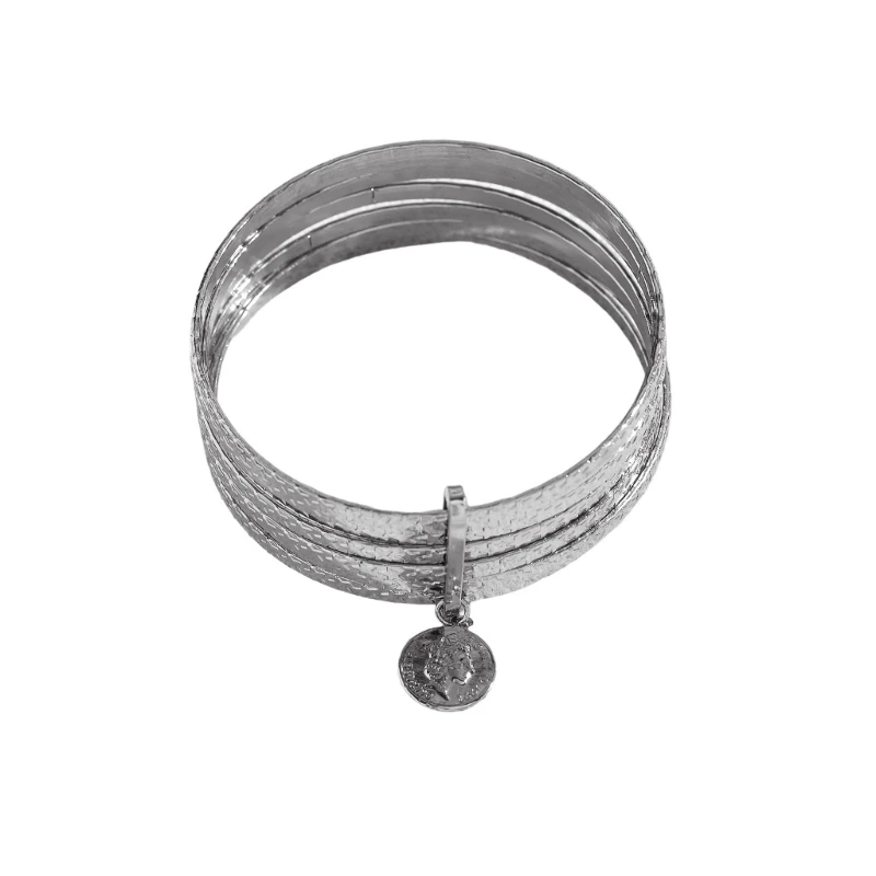 Handcrafted Multi Strand Hammered Alloy Bangle Decorated With Historical Coin Pendant E0BF