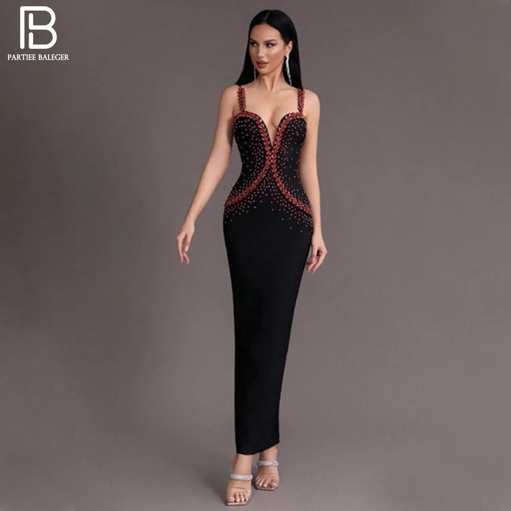 

PB 2024 New Luxury Diamond Spaghetti Strap Backless Design V-Neck Sexy Celebrity Cocktail Party Bandage Long Dress