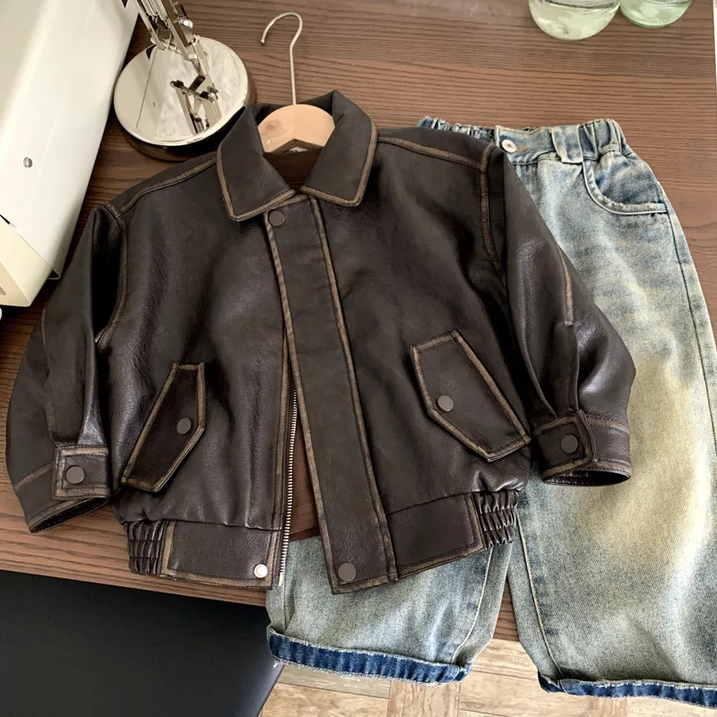 

Кожаная куртка для мальчиков, осень-весна 2021, корейский стиль, Новое поступление, модные модные крутые коричневые однотонные куртки, пальто