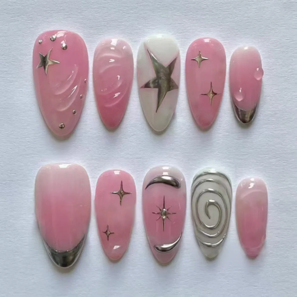 

24PCS Pink Almond False Nail with Silver Star Patterns Simple French Fake Nails for Women Metallic Wearable Sweet Cool Nail Tips