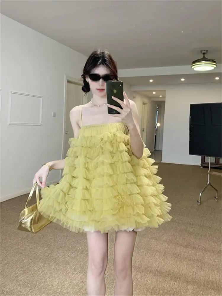 Sweet Summer 2026 Puffy Tulle Skirt with Ruffle Multi-Layered Lace Overlay Commute Style Loose Fit Casual Scene Micro Stretch