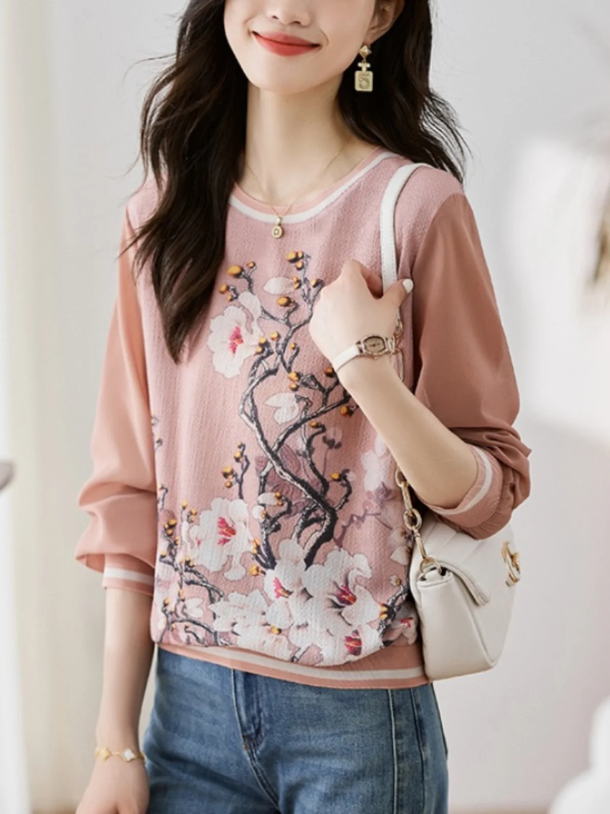 

Faionable Printed Long Sve T-irt Women's Spring Autumn New Sle Loose Splicing Age-Defng Base irt Commute Sle