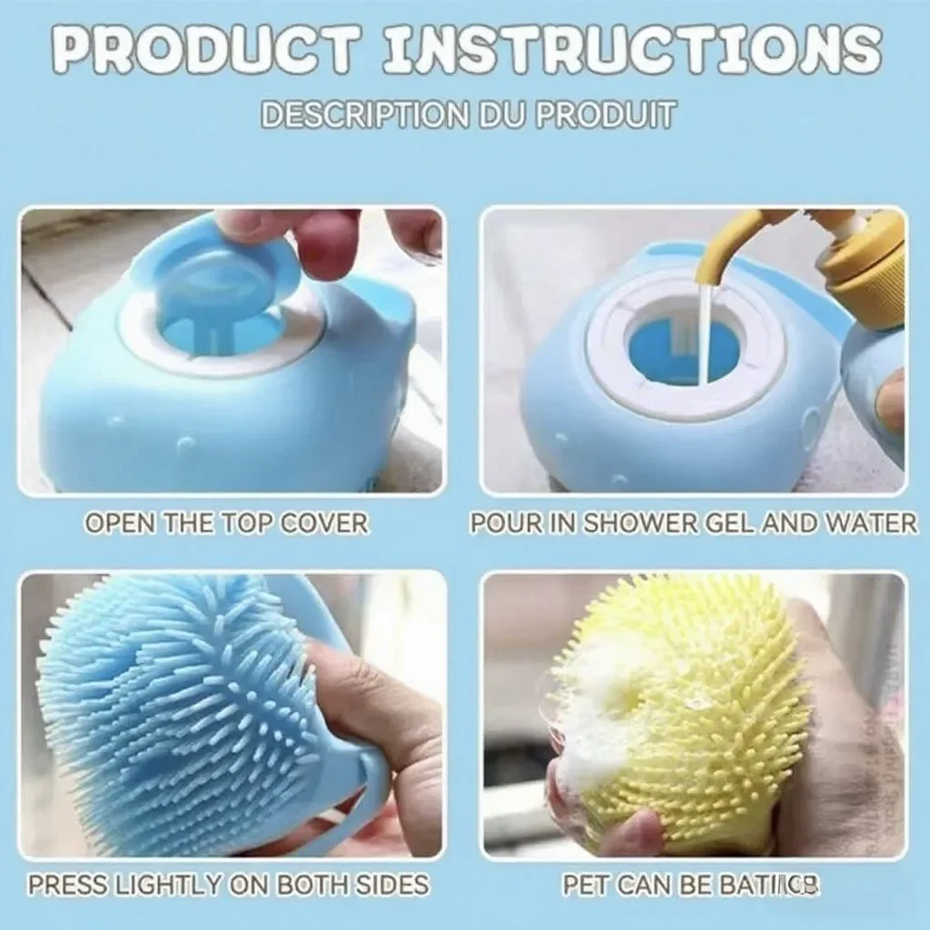 Silicone Soft Rubber Pet Massage Shower Brush with Builtin Shampoo Storage Self Cleaning Detangling for Dogs Cats Grooming Brush