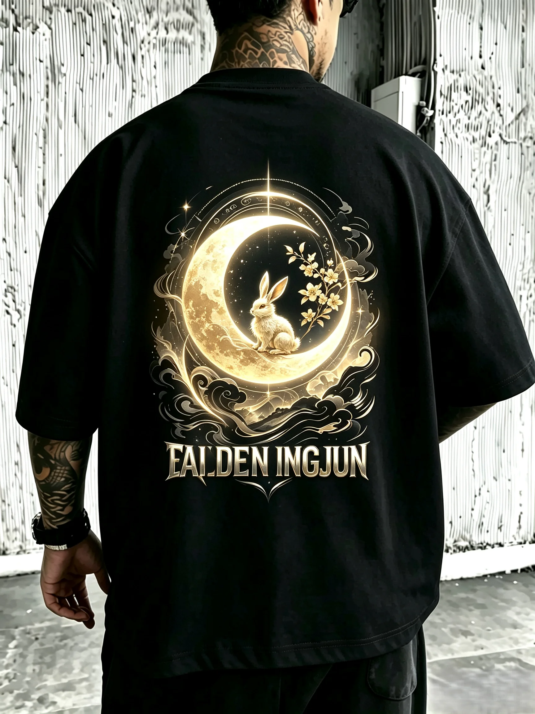 Unisex Jade Rabbit Back Print T Shirt Men Women Golden Crescent Moon Rabbit Flower Cloud Graphic Oversized Crew Neck Short Sleeve Tee Chinese Aesthetic Streetwear Cotton Top