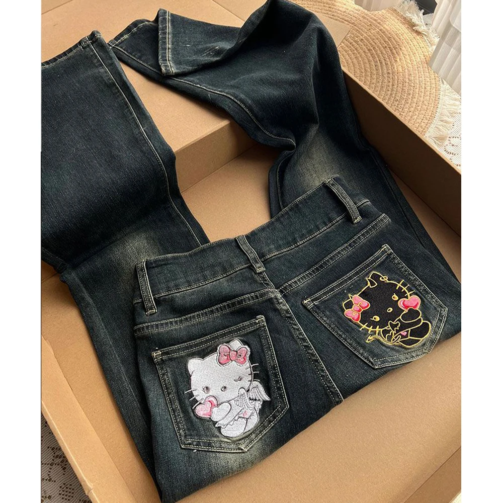 

Cartoon Hello Kitty Embroidered Jeans Sanrios Loose Anime Women Jeans Wide Leg Pants Cute Straight Leg Pants Sweet Girls Gift